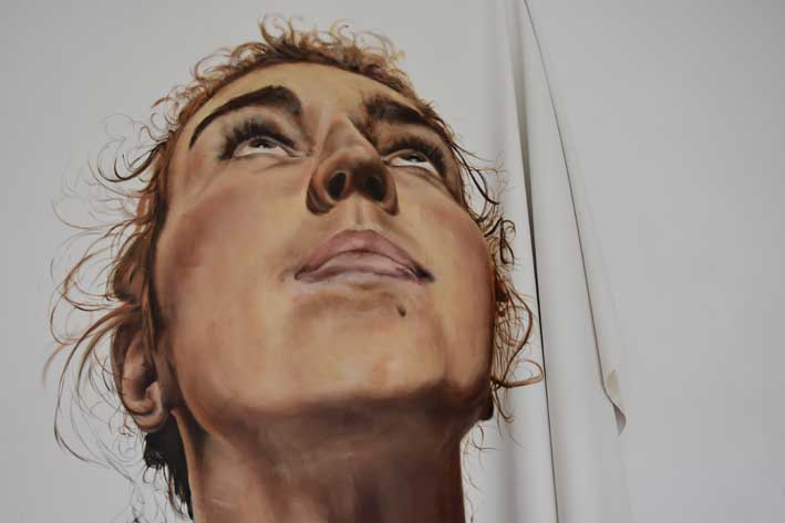 Sylvie Wozniak, Regarder le ciel - Hannah, 2019, huile sur toile de coton apprêté, 300 x 300 cm (détail)