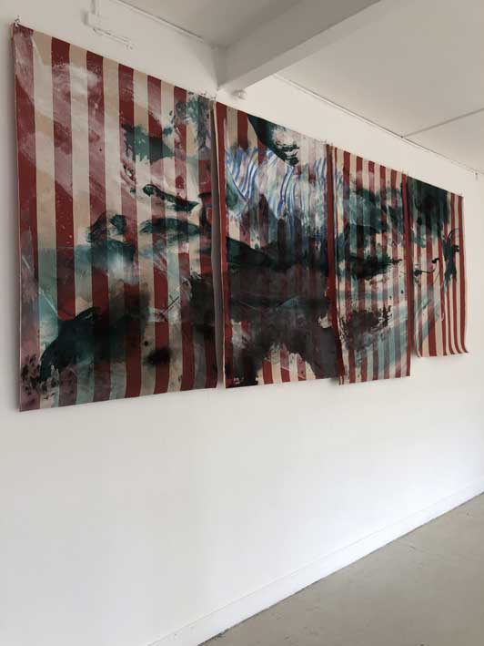 Lea Roth, Grand Rayé, 2016-19, acrylique et encre sur toile de store récupérée, 167 x 111 cm / 167 x 111 cm / 174 x 109 cm / 159 x 115 cm