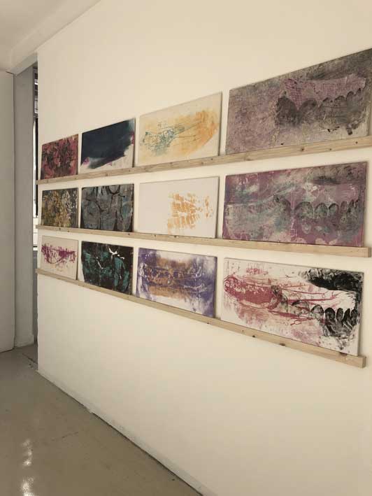 Lea Roth, Trame-métamorphose (la suite), 2017-19, monotypes rehaussés de gouache et encres, 33.5 x 75 cm