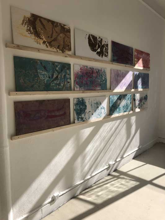 Lea Roth, Trame-métamorphose (la suite), 2017-19, monotypes rehaussés de gouache et encres, 33.5 x 75 cm