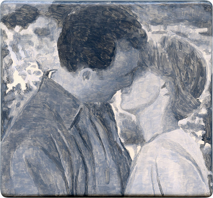 Polyptyque de vingt tableaux. Huile, colle et craie sur bois. Agencement en ligne unique, 2010